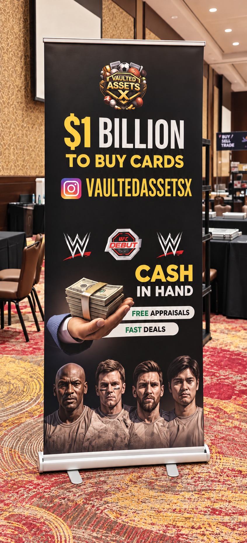 VaultedAssetsX banner at a card show offering cash in hand and free appraisals